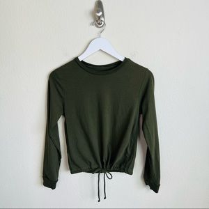 Olive Green Self Tie Waist Long Sleeve Crop Top Blouse